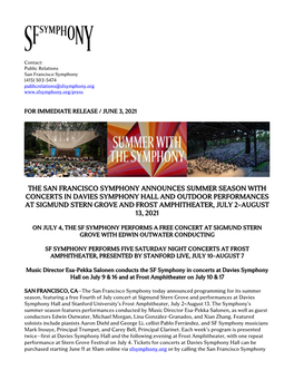 The San Francisco Symphony Announces Summer Season
