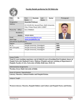 Faculty Details Proforma for DU Web-Site