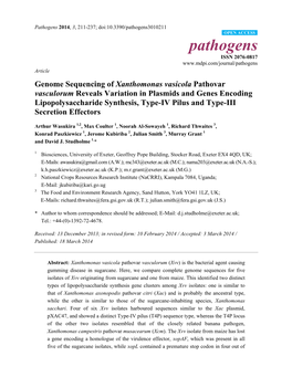 Genome Sequencing of Xanthomonas Vasicola Pathovar Vasculorum Reveals Variation in Plasmids and Genes Encoding Lipopolysaccharid