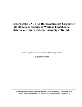 Report of the CAUT Ad Hoc Investigatory Committee Into Allegations Concerning Working Conditions at Ontario Veterinary College, University of Guelph