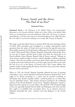 France, Israel, and the Jews: the End of an Era? Emmanuel Navon