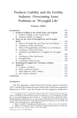 Products Liability and the Fertility Industry: Overcoming Some Problems in “Wrongful Life” Francis Sohn†