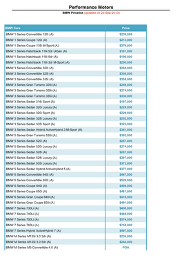 Performance Motors BMW Pricelist (Updated on 23-Sep-2013)