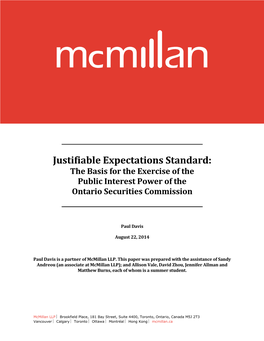 Justifiable Expectations Standard: the Basis for the Exercise of the Public Interest Power of the Ontario Securities Commission