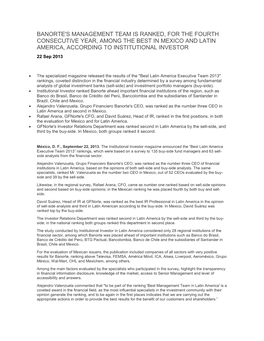 BANORTE's MANAGEMENT TEAM IS RANKED, for the FOURTH CONSECUTIVE YEAR, AMONG the BEST in MEXICO and LATIN AMERICA, ACCORDING to INSTITUTIONAL INVESTOR 22 Sep 2013