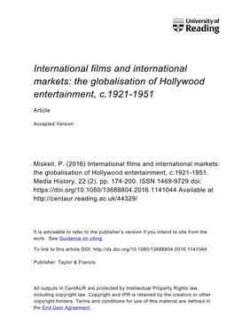 The Globalisation of Hollywood Entertainment, C.1921-1951