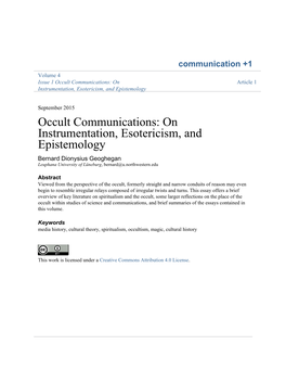 Occult Communications: on Article 1 Instrumentation, Esotericism, and Epistemology