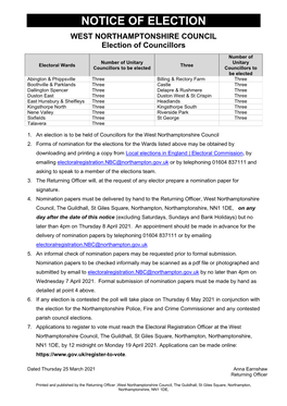 WEST NORTHAMPTONSHIRE COUNCIL Election of Councillors