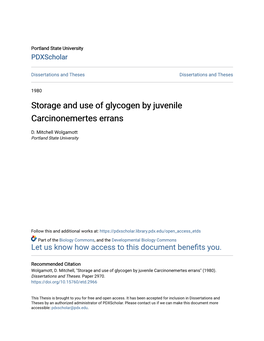 Storage and Use of Glycogen by Juvenile Carcinonemertes Errans