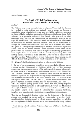 The Myth of Tribal Egalitarianism Under the Lodhis (800-932/1398-1526) Abstract the Afghans Have a Long History in India As Migrants