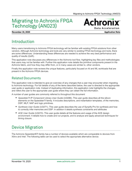 Migrating to Achronix FPGA Technology (AN023) Migrating to Achronix FPGA Technology (AN023)