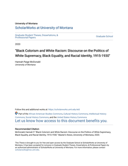 "Black Colorism and White Racism: Discourse on the Politics of White Supremacy, Black Equality, and Racial Identity, 1915-1930"