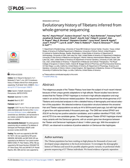 Evolutionary History of Tibetans Inferred from Whole-Genome Sequencing