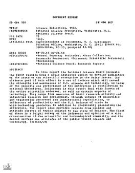 Science Indicators, 1972. INSTITUTION National Science Foundation, Washington, D.C