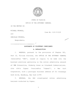 IN the MATTER OF: MICHAEL KRONGEL, and DANIELLE KRONGEL, Respondents . STATE of FLORIDA OFFICE of the ATTORNEY GENERAL Case