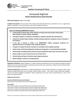 Increased Arginine Amino Aciduria/Urea Cycle Disorder