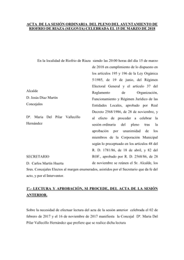 Acta De La Sesión Ordinaria Del Pleno Del Ayuntamiento De Riofrio De Riaza (Segovia) Celebrada El 15 De Marzo De 2018