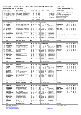 South Africa V Pakistan 1994/95 Only Test Johannesburg (Wanderers). Test: 1283 South Africa Won by 324 Runs