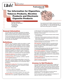 Pub 65, Utah Tax Ifo for Cigarettres, Tobacco Products and E-Cigarette