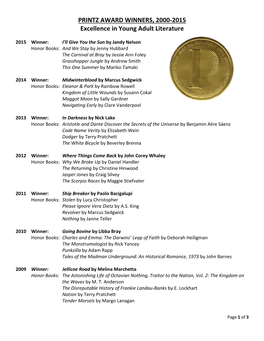 PRINTZ AWARD WINNERS, 2000-2015 Excellence in Young Adult Literature