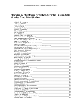 Områden Av Riksintresse För Kulturmiljövården I Gotlands Län (I) Enligt 3 Kap 6 § Miljöbalken