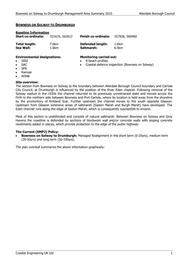 Bowness on Solway to Drumburgh Management Area Summary 2015 Allerdale Borough Council Coastal Engineering UK Ltd 1 Baseline