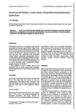 Aortocaval Fistula: a Rare Cause Ofparadoxical Pulmonary Embolism J.E