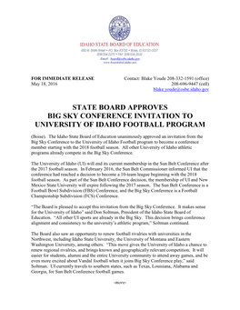 State Board Approves Big Sky Conference Invitation to University of Idaho Football Program