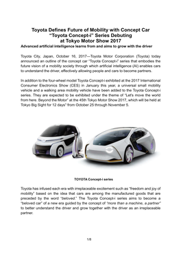 “Toyota Concept-I” Series Debuting at Tokyo Motor Show 2017 Advanced Artificial Intelligence Learns from and Aims to Grow with the Driver