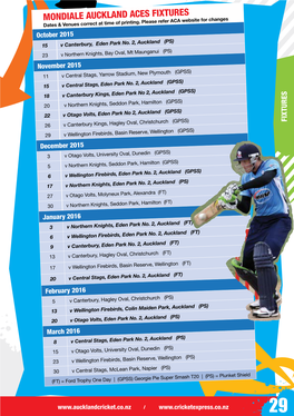 MONDIALE AUCKLAND ACES FIXTURES Dates & Venues Correct at Time of Printing