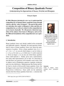 Composition of Binary Quadratic Forms∗ Understanding the Approaches of Gauss, Dirichlet and Bhargava