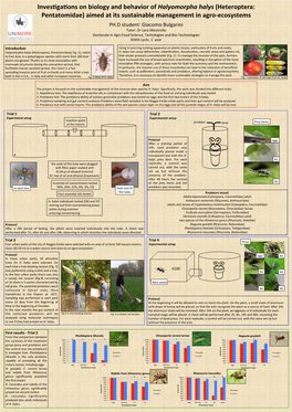 Invesegaeons on Biology and Behavior of Halyomorpha Halys (Heteroptera: Pentatomidae) Aimed at Its Sustainable Management in A