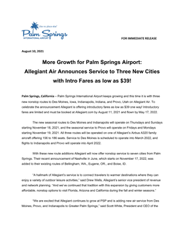 Allegiant Announces Three New Routes from Palm Springs