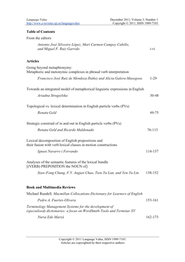 Metaphoric and Metonymic Complexes in Phrasal Verb Interpretation Francisco José Ruiz De Mendoza Ibáñez and Alicia Galera-Masegosa 1-29