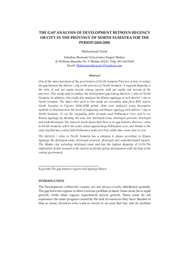 The Gap Analysis of Development Between Regency Or City in the Province of North Sumatra for the Period 2004-2008