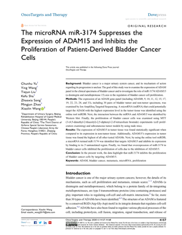 The Microrna Mir-3174 Suppresses the Expression of ADAM15 and Inhibits the Proliferation of Patient-Derived Bladder Cancer Cells