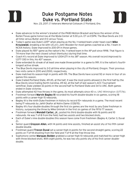 Duke Postgame Notes Duke Vs