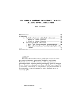 The Myopic Loss of Nationality Rights Leading to Statelessness