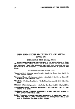 New Bird Species Recorded for Oklahoma Since 1931 Margaret M