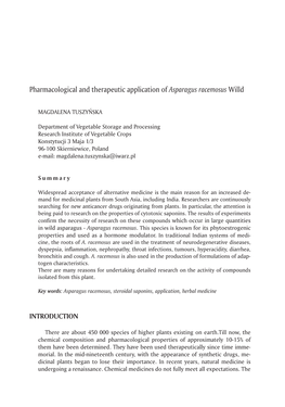 Pharmacological and Therapeutic Application of Asparagus Racemosus Willd