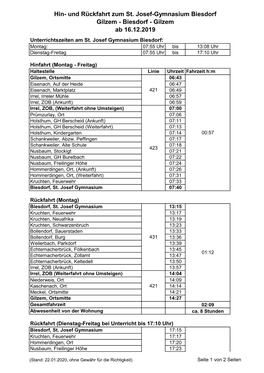 Hin- Und Rückfahrt Zum St. Josef-Gymnasium Biesdorf Gilzem - Biesdorf - Gilzem Ab 16.12.2019 Unterrichtszeiten Am St