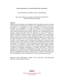 Blue Documentary As a Tool for Marine Life Conservation Nurul Hidayah Mat, Cardiff University, United Kingdom the Asian Conferen