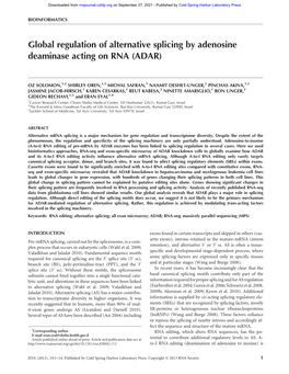 Global Regulation of Alternative Splicing by Adenosine Deaminase Acting on RNA (ADAR)