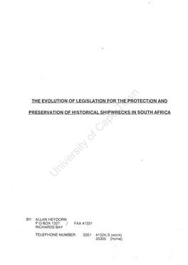 The Evolution of Legislation for the Protection and Preservation of Historical Shipwrecks in South Africa