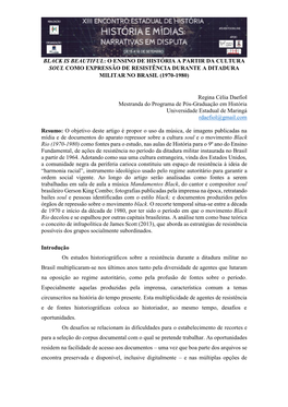 Black Is Beautiful: O Ensino De História a Partir Da Cultura Soul Como Expressão De Resistência Durante a Ditadura Militar No Brasil (1970-1980)