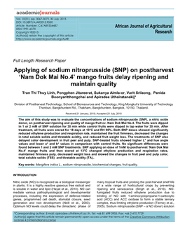 Applying of Sodium Nitroprusside (SNP) on Postharvest 'Nam Dok Mai No.4' Mango Fruits Delay Ripening and Maintain Quality
