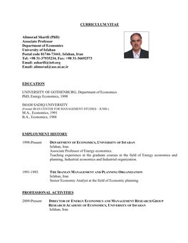 CURRICULUM VITAE Alimorad Sharifi (Phd) Associate Professor