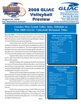 2008 GLIAC Women's Volleyball Coaches Preseason Poll