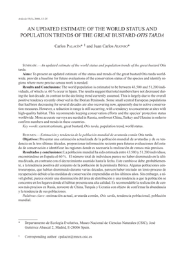 An Updated Estimate of the World Status and Population Trends of the Great Bustard Otis Tarda