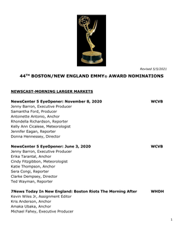 44Th Boston/New England Emmy® Award Nominations